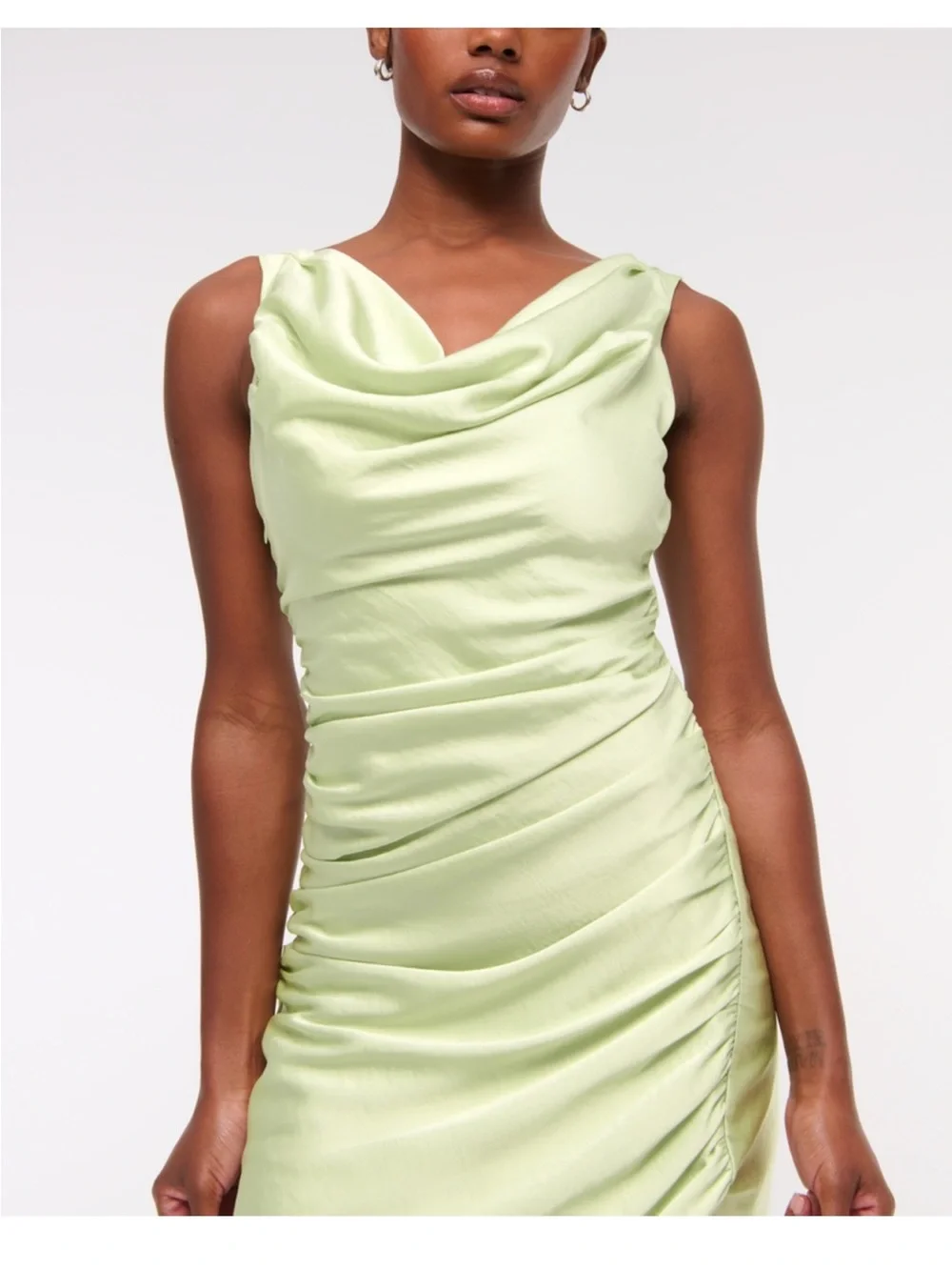 Abercrombie & Fitch Light Green Satin Cowl Ruched Maxi Dress